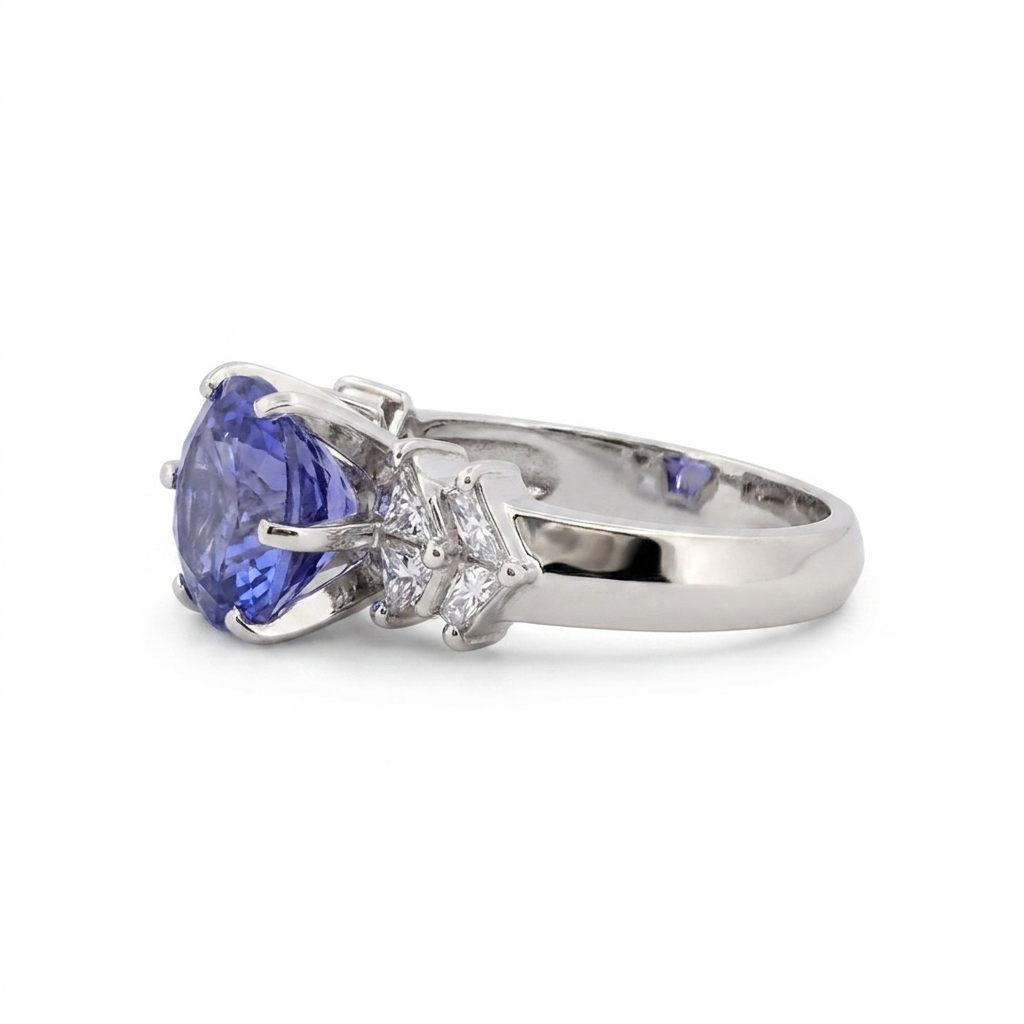 Natural Round Modified Brilliant Cut, Bluish Violet Tanzanite (5.25 CT - 10.20 mm) with 12 Natural Princess cut 3x3 mm Square Diamonds (1.92 CTW) Ring 14K White Gold. GIA Certified (2231466864).