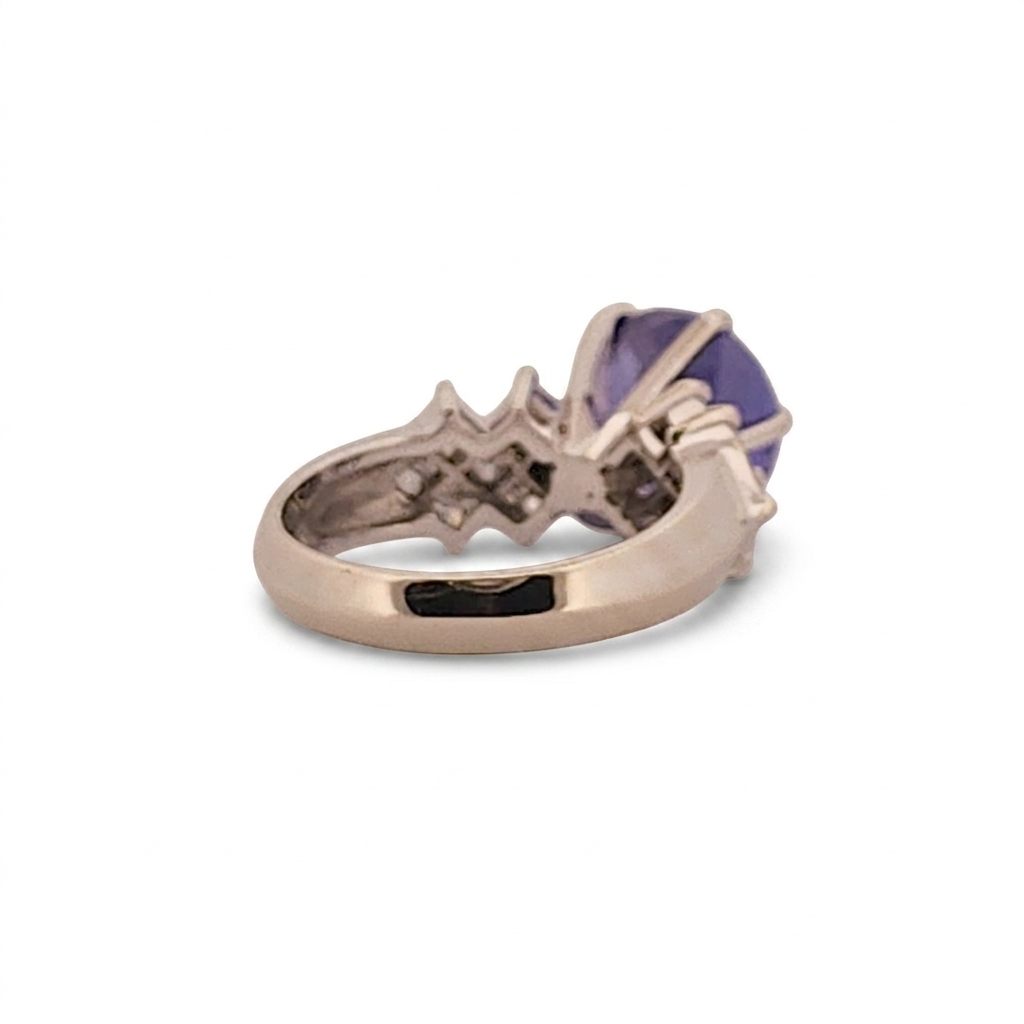 Natural Round Modified Brilliant Cut, Bluish Violet Tanzanite (5.25 CT - 10.20 mm) with 12 Natural Princess cut 3x3 mm Square Diamonds (1.92 CTW) Ring 14K White Gold. GIA Certified (2231466864).
