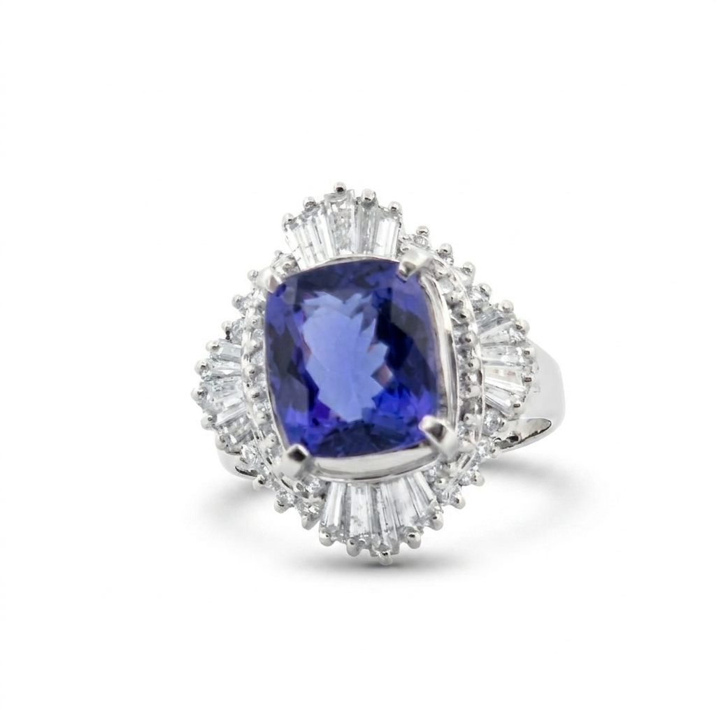 Modified Brilliant Cut, Cushion Shape, Bluish Violet Tanzanite (3.33CT, 9.71 x 8.32 x 4.87 mm) Mounted at Platinum 900 with Natural Diamonds (0.88CTW, E/F VS1). GIA Certified Stone (5231466563), Size 6.5