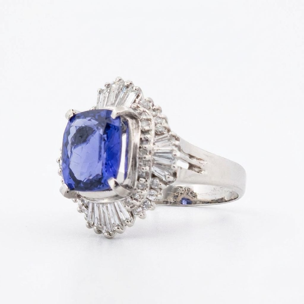 Modified Brilliant Cut, Cushion Shape, Bluish Violet Tanzanite (3.33CT, 9.71 x 8.32 x 4.87 mm) Mounted at Platinum 900 with Natural Diamonds (0.88CTW, E/F VS1). GIA Certified Stone (5231466563), Size 6.5