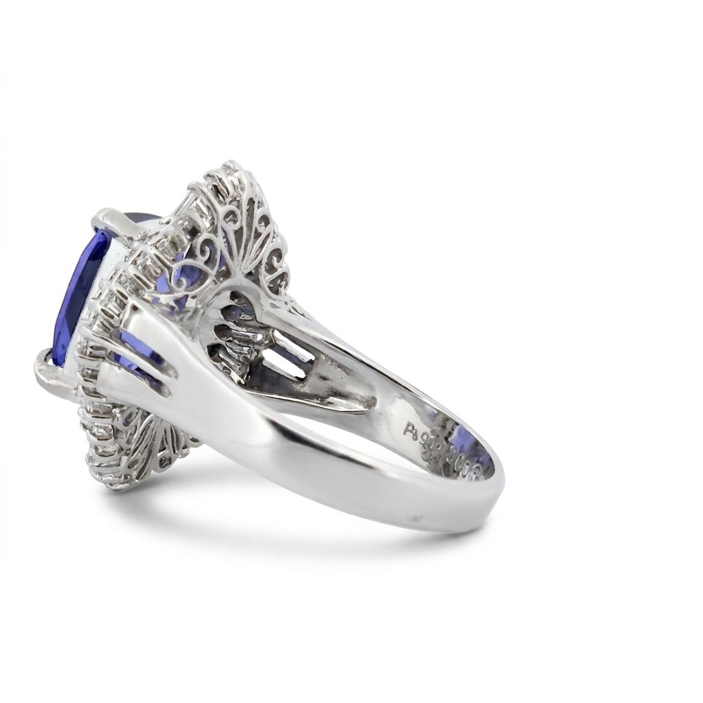 Modified Brilliant Cut, Cushion Shape, Bluish Violet Tanzanite (3.33CT, 9.71 x 8.32 x 4.87 mm) Mounted at Platinum 900 with Natural Diamonds (0.88CTW, E/F VS1). GIA Certified Stone (5231466563), Size 6.5