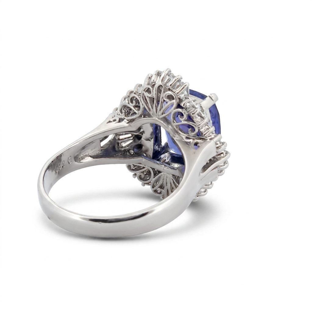 Modified Brilliant Cut, Cushion Shape, Bluish Violet Tanzanite (3.33CT, 9.71 x 8.32 x 4.87 mm) Mounted at Platinum 900 with Natural Diamonds (0.88CTW, E/F VS1). GIA Certified Stone (5231466563), Size 6.5