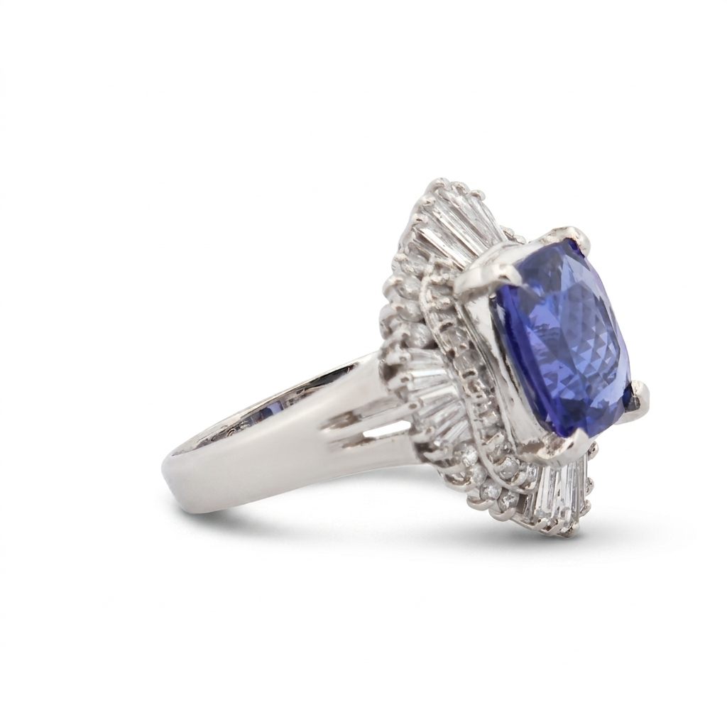 Modified Brilliant Cut, Cushion Shape, Bluish Violet Tanzanite (3.33CT, 9.71 x 8.32 x 4.87 mm) Mounted at Platinum 900 with Natural Diamonds (0.88CTW, E/F VS1). GIA Certified Stone (5231466563), Size 6.5