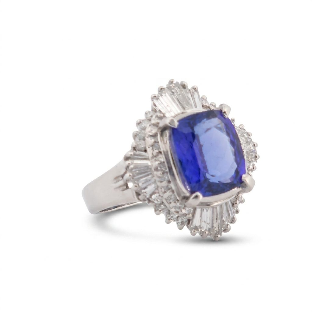 Modified Brilliant Cut, Cushion Shape, Bluish Violet Tanzanite (3.33CT, 9.71 x 8.32 x 4.87 mm) Mounted at Platinum 900 with Natural Diamonds (0.88CTW, E/F VS1). GIA Certified Stone (5231466563), Size 6.5