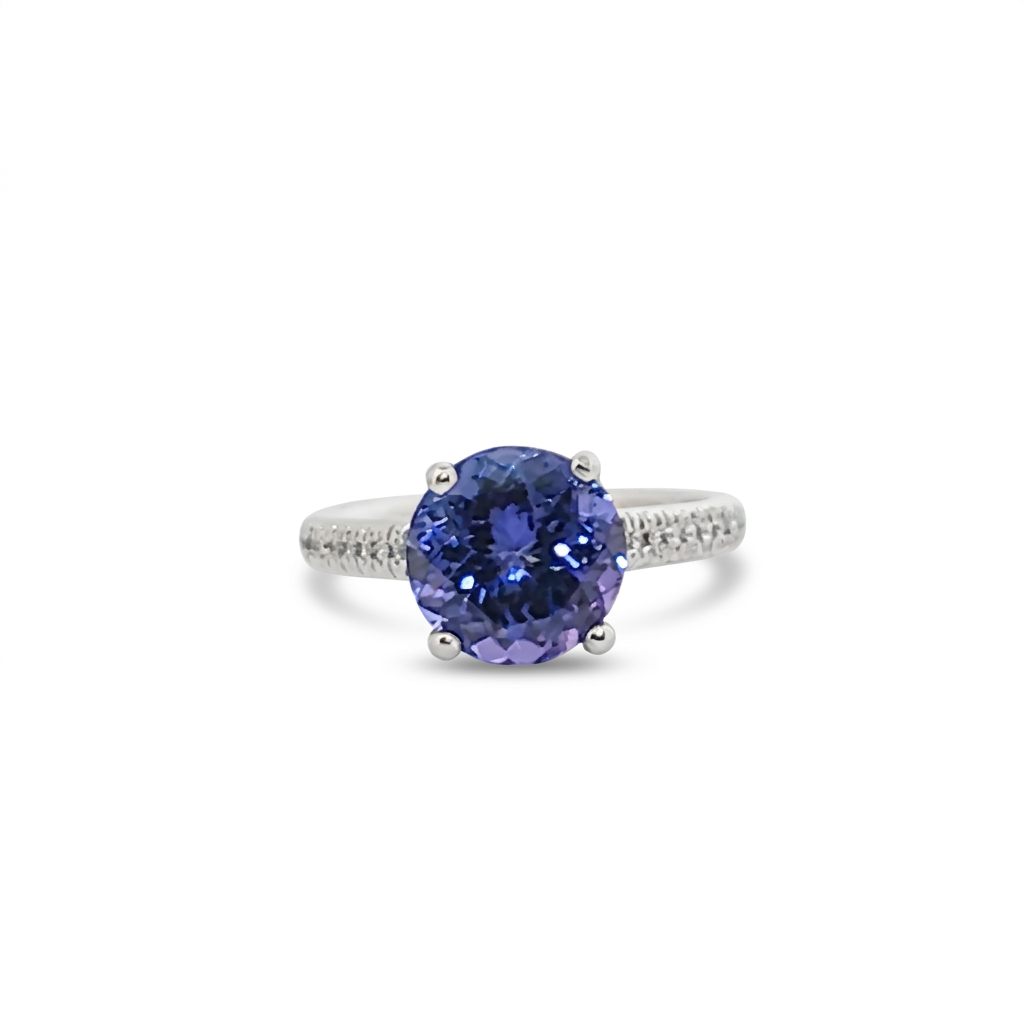 Modified Brilliant Cut, Round Shape, Bluish Violet Tanzanite (2.80CT, 8.89 - 9.01 x 5.53 mm), Mounted at Platinum 950 ring with Natural Diamonds (0.18 CTW E/F-SI). GIA Certified (5231466569). Size 5.25