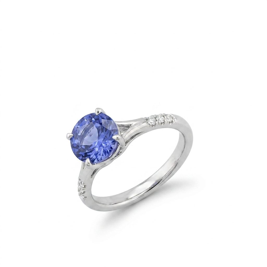 Modified Brilliant Cut, Round Shape, Bluish Violet Tanzanite (2.80CT, 8.89 - 9.01 x 5.53 mm), Mounted at Platinum 950 ring with Natural Diamonds (0.18 CTW E/F-SI). GIA Certified (5231466569). Size 5.25