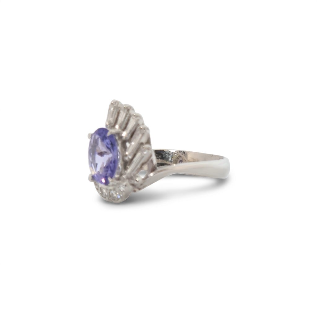 Oval Faceted, AAA, Natural Tanzanite (1.15CT, 8x6mm), Mounted on Platinum 900 Ring with Natural Diamonds (0.35 CTW, E/F-VS). Size 6