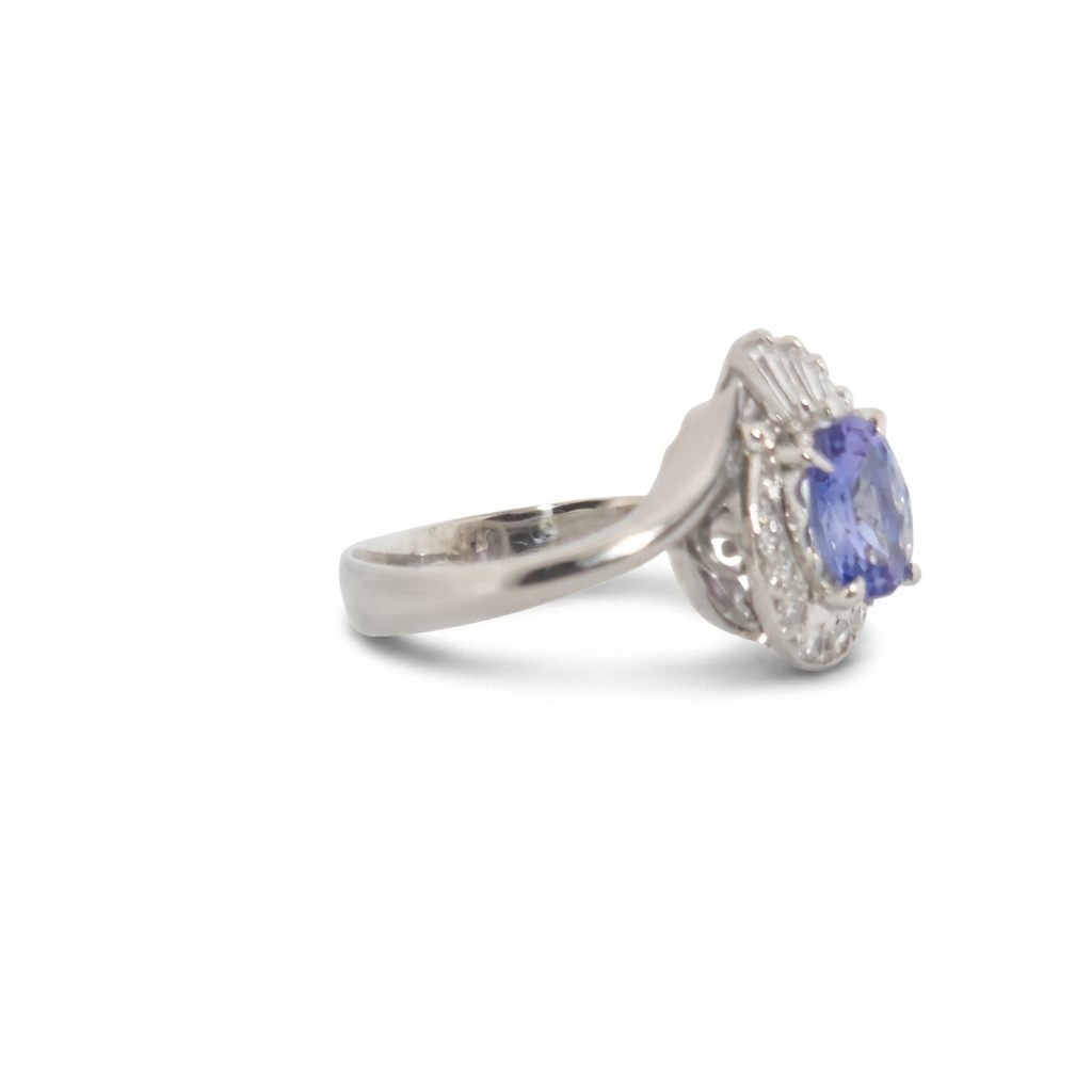 Oval Faceted, AAA, Natural Tanzanite (1.15CT, 8x6mm), Mounted on Platinum 900 Ring with Natural Diamonds (0.35 CTW, E/F-VS). Size 6