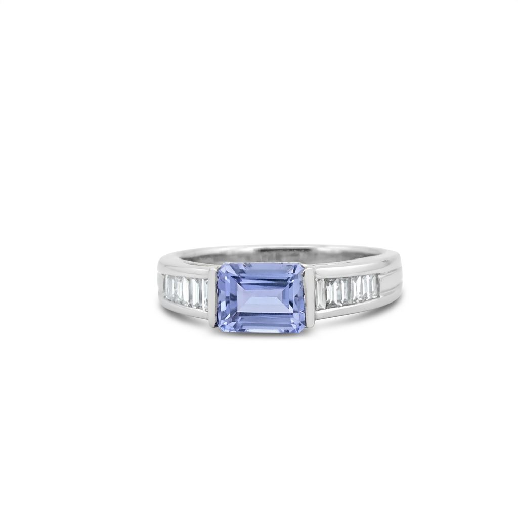 Emerald Step-Cut, AAA, Natural Tanzanite (1.20CT, 7x5.5mm), Mounted on Platinum 900 Ring with Natural Diamonds (0.27 CTW E/F VS1/VS2), Size 7