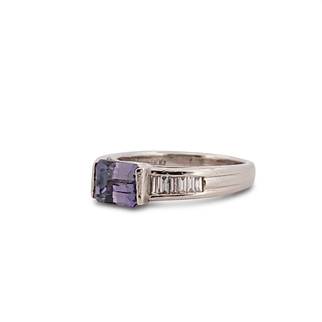 Emerald Step-Cut, AAA, Natural Tanzanite (1.20CT, 7x5.5mm), Mounted on Platinum 900 Ring with Natural Diamonds (0.27 CTW E/F VS1/VS2), Size 7