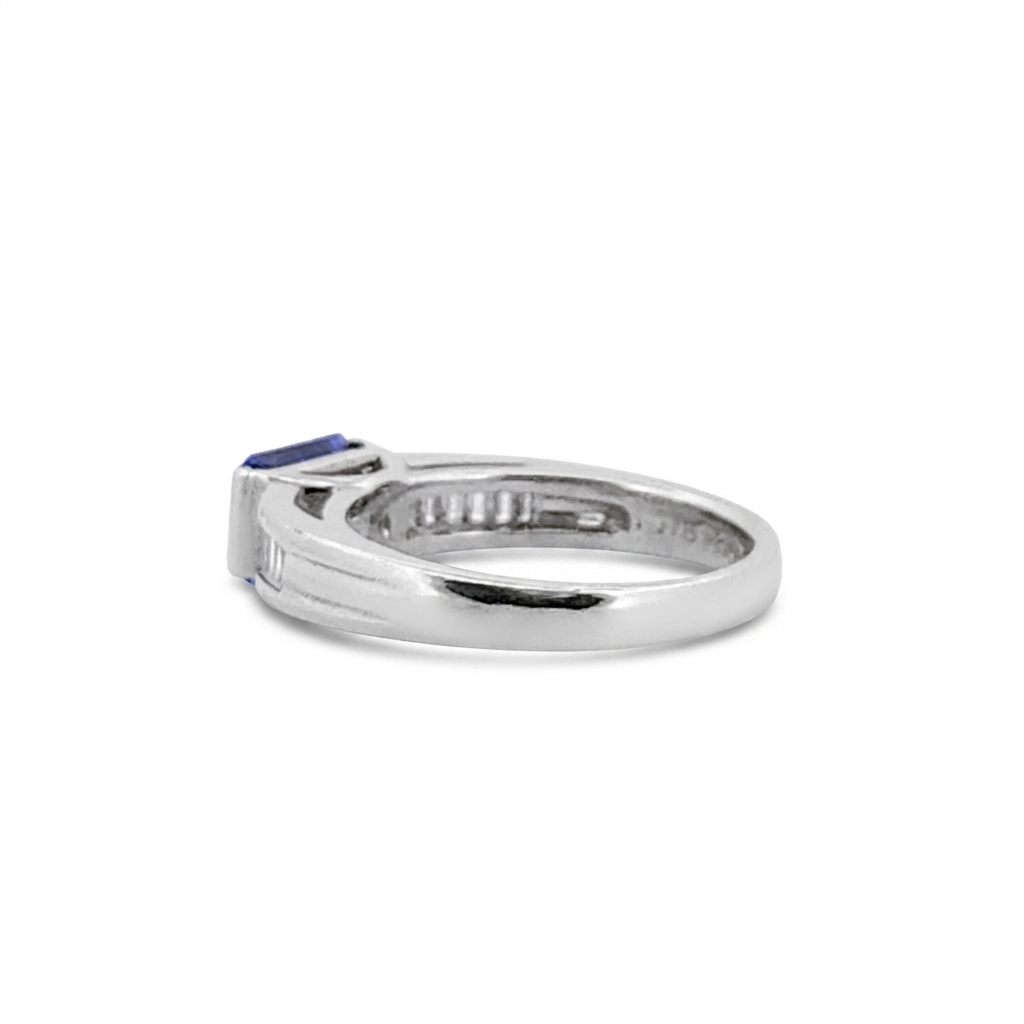 Emerald Step-Cut, AAA, Natural Tanzanite (1.20CT, 7x5.5mm), Mounted on Platinum 900 Ring with Natural Diamonds (0.27 CTW E/F VS1/VS2), Size 7