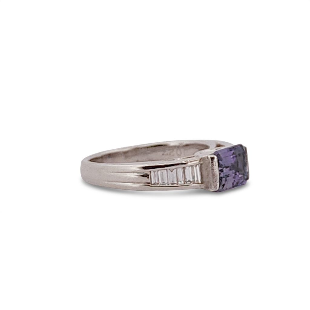 Emerald Step-Cut, AAA, Natural Tanzanite (1.20CT, 7x5.5mm), Mounted on Platinum 900 Ring with Natural Diamonds (0.27 CTW E/F VS1/VS2), Size 7