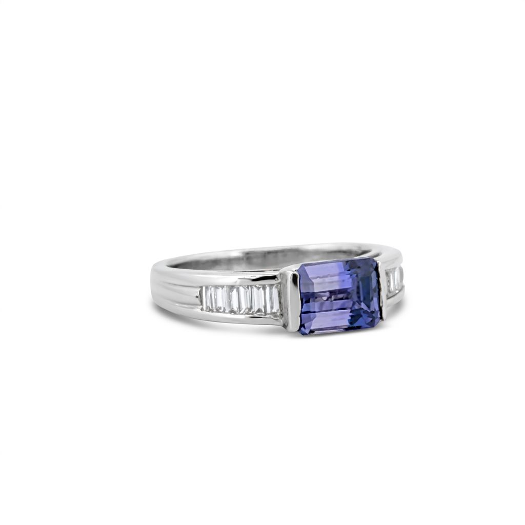 Emerald Step-Cut, AAA, Natural Tanzanite (1.20CT, 7x5.5mm), Mounted on Platinum 900 Ring with Natural Diamonds (0.27 CTW E/F VS1/VS2), Size 7