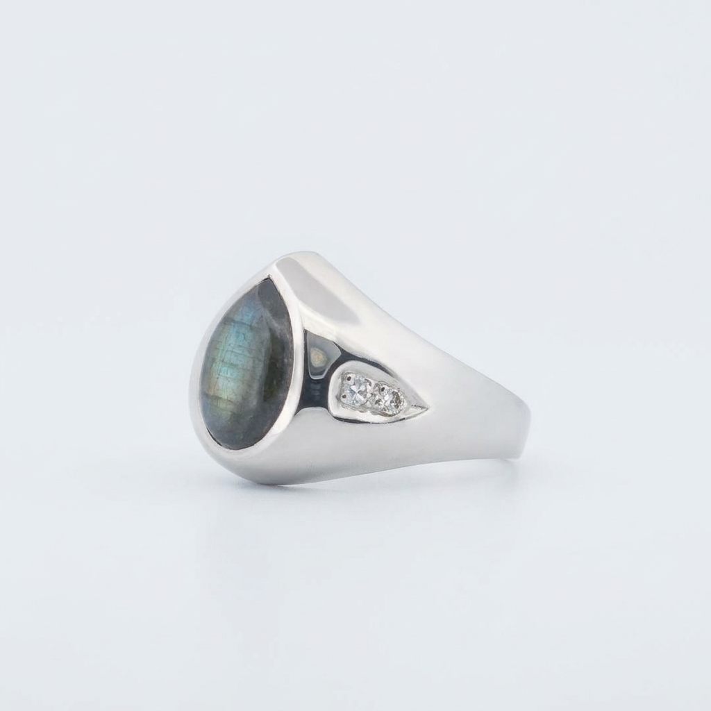 Pear Shape Labradorite and Natural Diamonds (G/SI1 0.1CTW), 14K White Gold