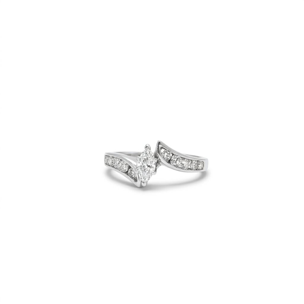 Natural Diamonds (0.89 CTW) Center Marquise (0.39 CT), Size 8, 14K White Gold
