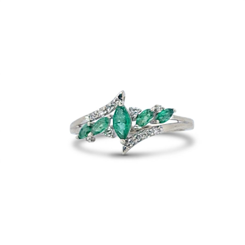 Natural Diamonds (0.12 CTW) with Natural Emeralds Designer Ring, Size 7, 14K White Gold