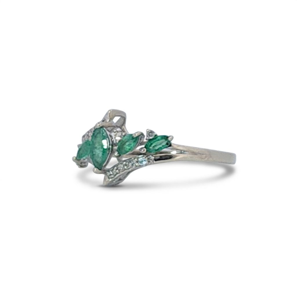Natural Diamonds (0.12 CTW) with Natural Emeralds Designer Ring, Size 7, 14K White Gold