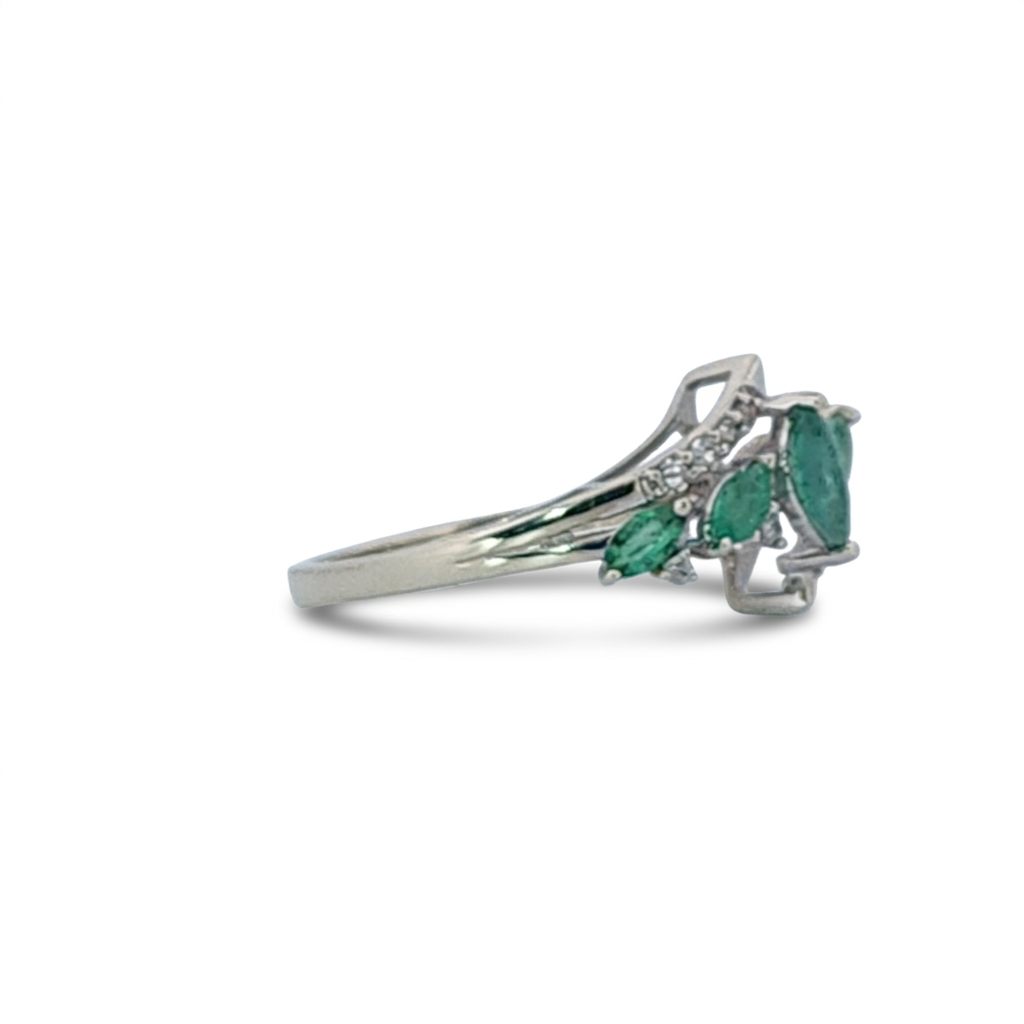 Natural Diamonds (0.12 CTW) with Natural Emeralds Designer Ring, Size 7, 14K White Gold