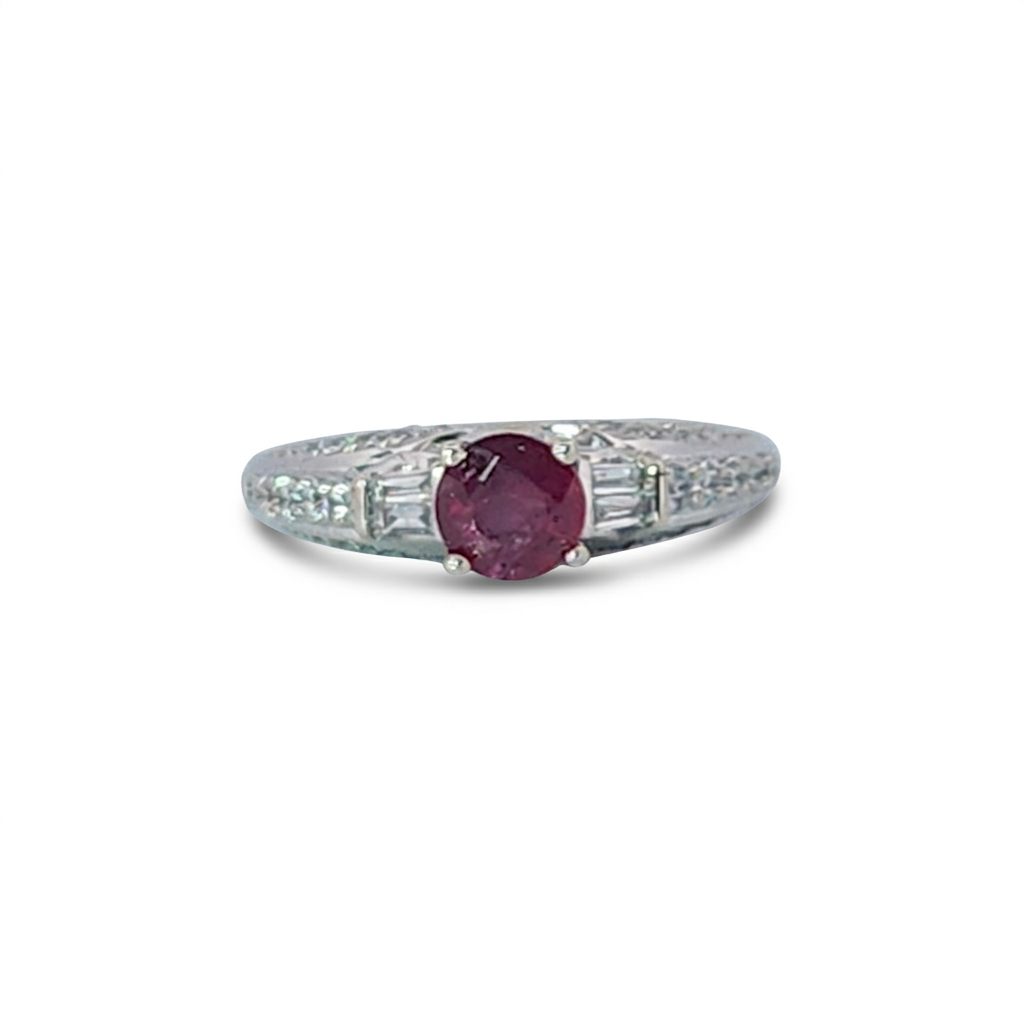Brilliant Diamond Cut, Round Shape, Madagascar Ruby(0.55CT, 5.5mm), Mounted at 14K White Gold Ring with Natural Diamonds (0.50 CTW). Size 6.75