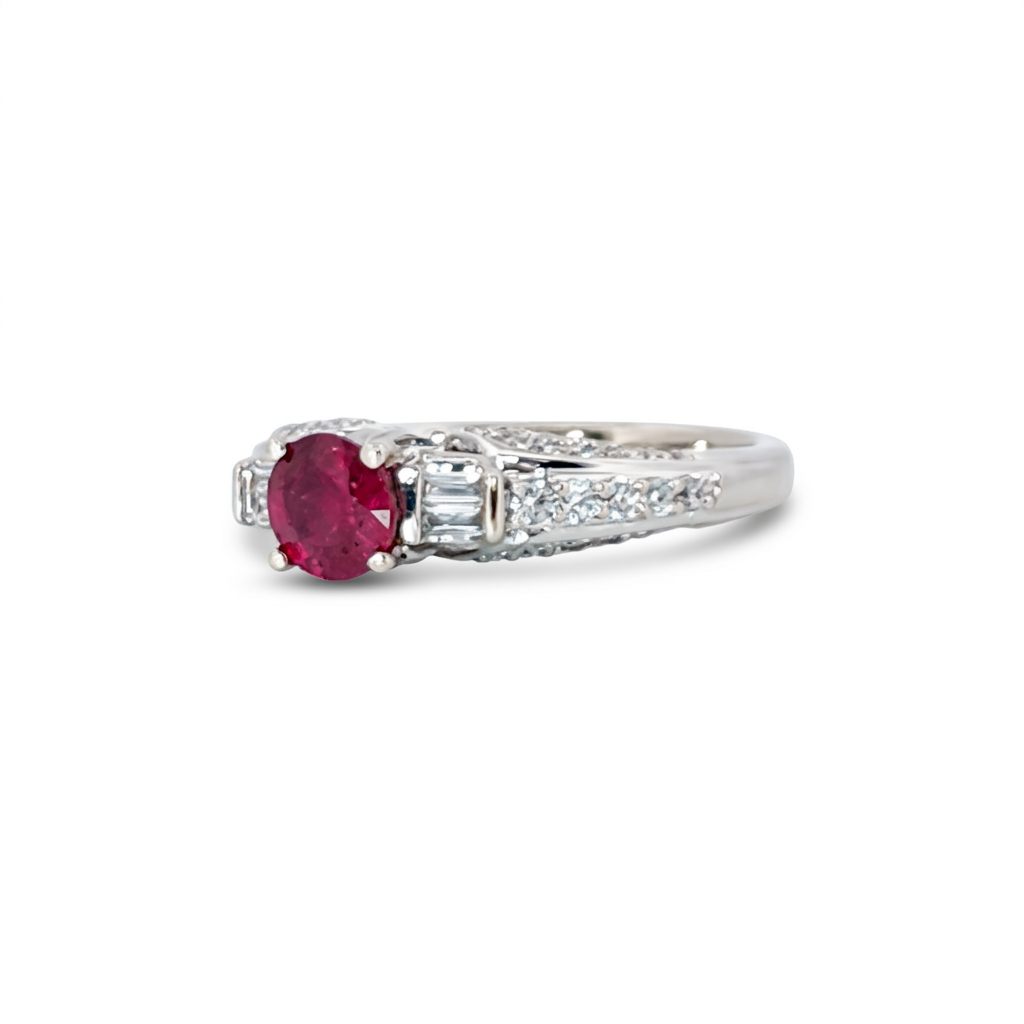 Brilliant Diamond Cut, Round Shape, Madagascar Ruby(0.55CT, 5.5mm), Mounted at 14K White Gold Ring with Natural Diamonds (0.50 CTW). Size 6.75
