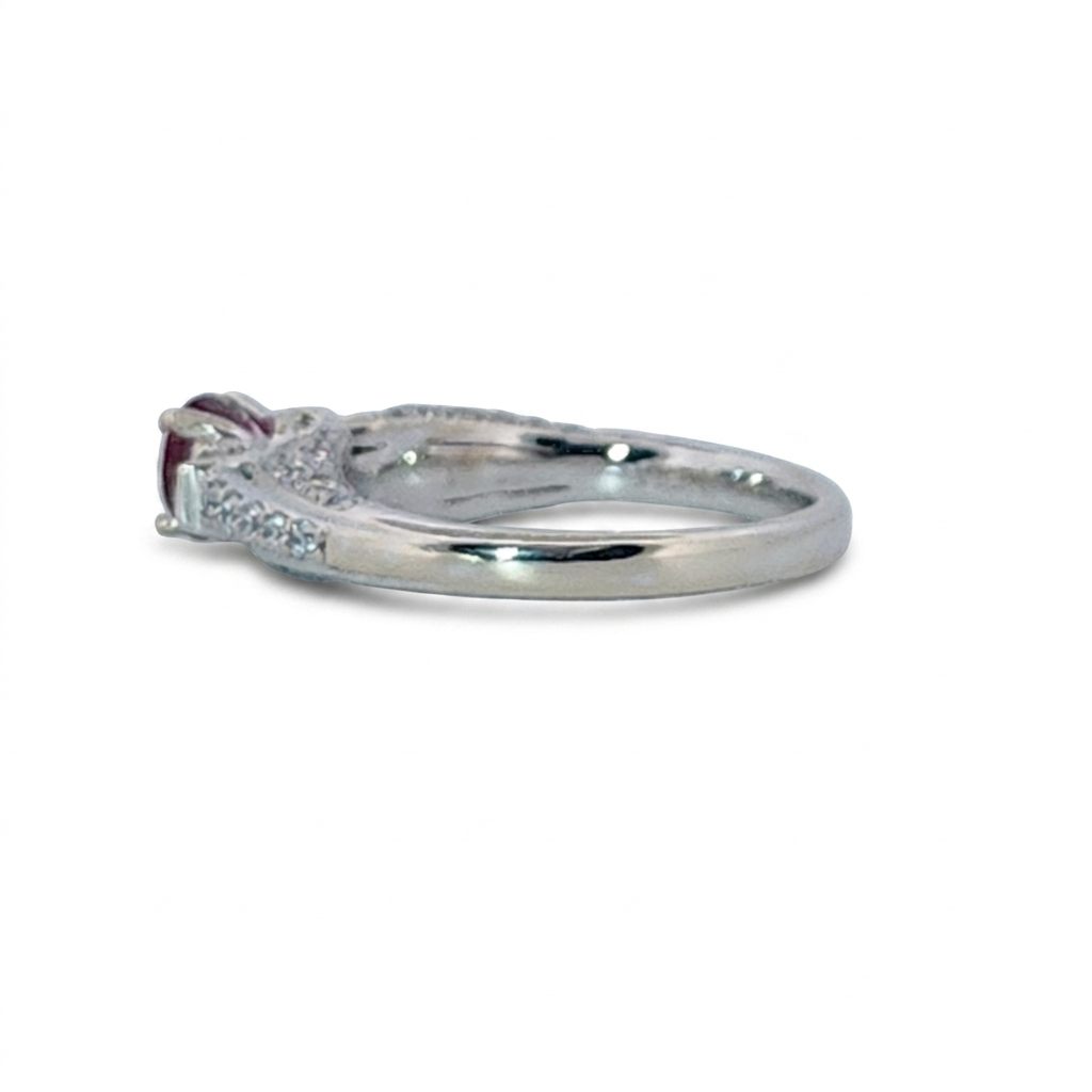 Brilliant Diamond Cut, Round Shape, Madagascar Ruby(0.55CT, 5.5mm), Mounted at 14K White Gold Ring with Natural Diamonds (0.50 CTW). Size 6.75