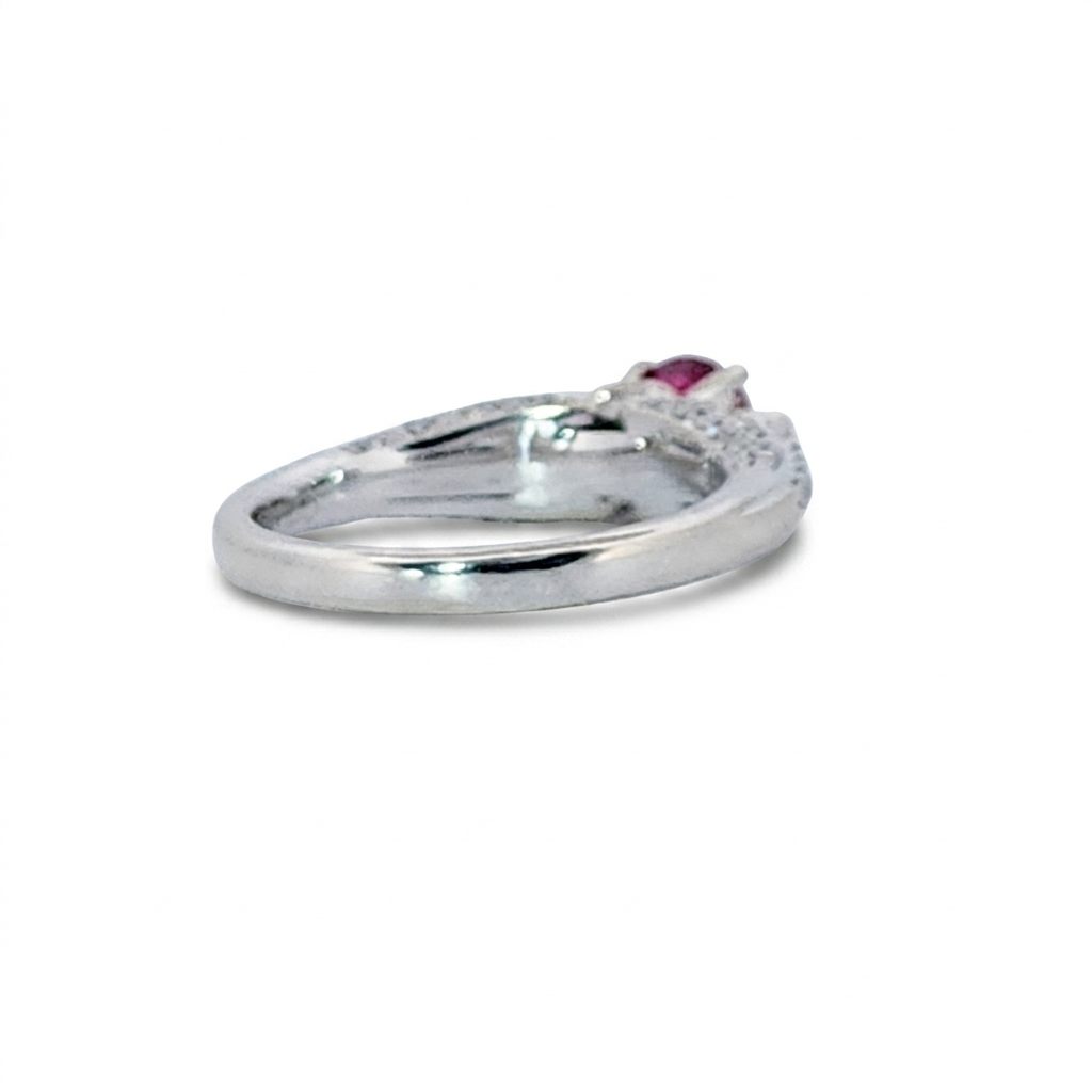 Brilliant Diamond Cut, Round Shape, Madagascar Ruby(0.55CT, 5.5mm), Mounted at 14K White Gold Ring with Natural Diamonds (0.50 CTW). Size 6.75