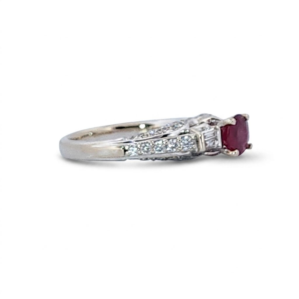 Brilliant Diamond Cut, Round Shape, Madagascar Ruby(0.55CT, 5.5mm), Mounted at 14K White Gold Ring with Natural Diamonds (0.50 CTW). Size 6.75