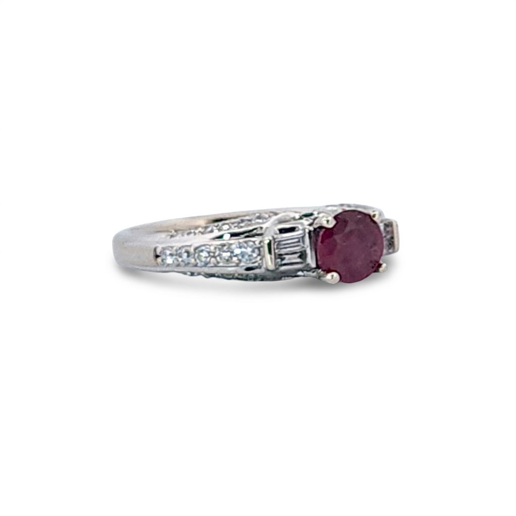 Brilliant Diamond Cut, Round Shape, Madagascar Ruby(0.55CT, 5.5mm), Mounted at 14K White Gold Ring with Natural Diamonds (0.50 CTW). Size 6.75