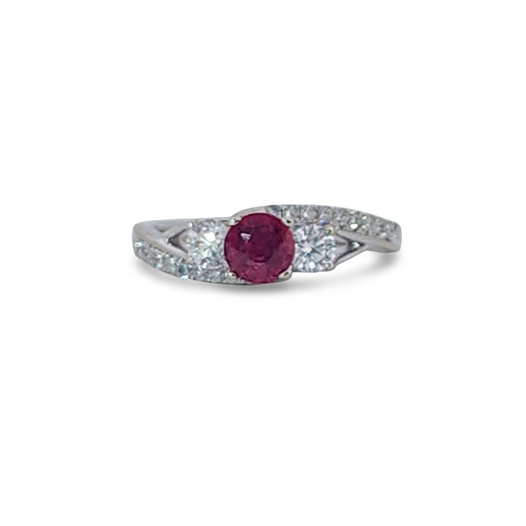 Brilliant Diamond Cut, Round Shape, Madagascar Ruby(0.35CT, 5mm), Mounted at 14K White Gold Ring with Natural Diamonds (0.60 CTW). Size 7