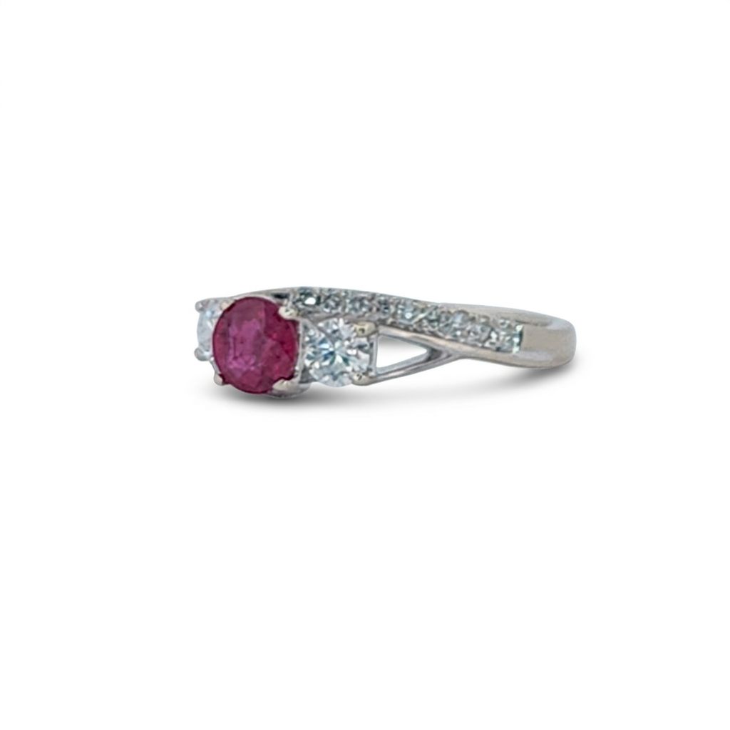 Brilliant Diamond Cut, Round Shape, Madagascar Ruby(0.35CT, 5mm), Mounted at 14K White Gold Ring with Natural Diamonds (0.60 CTW). Size 7
