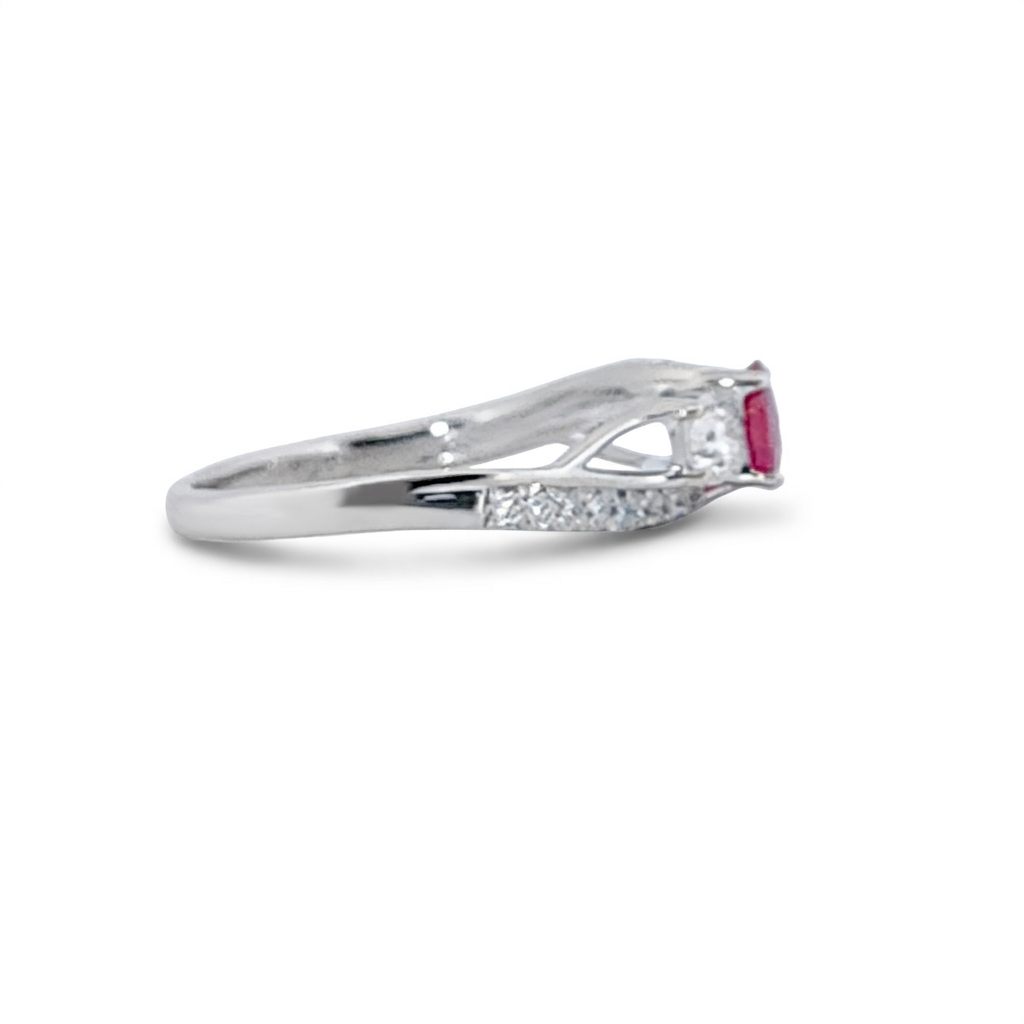 Brilliant Diamond Cut, Round Shape, Madagascar Ruby(0.35CT, 5mm), Mounted at 14K White Gold Ring with Natural Diamonds (0.60 CTW). Size 7
