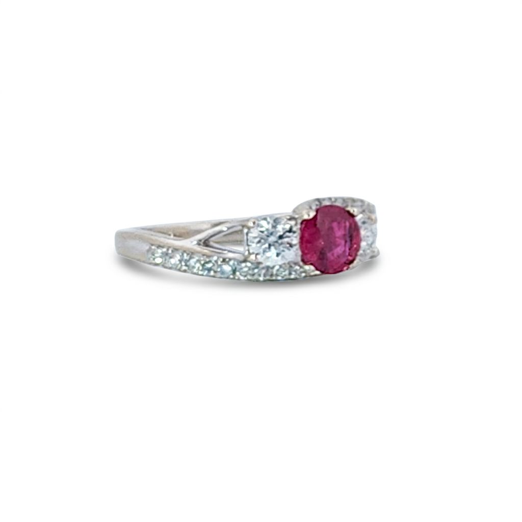 Brilliant Diamond Cut, Round Shape, Madagascar Ruby(0.35CT, 5mm), Mounted at 14K White Gold Ring with Natural Diamonds (0.60 CTW). Size 7