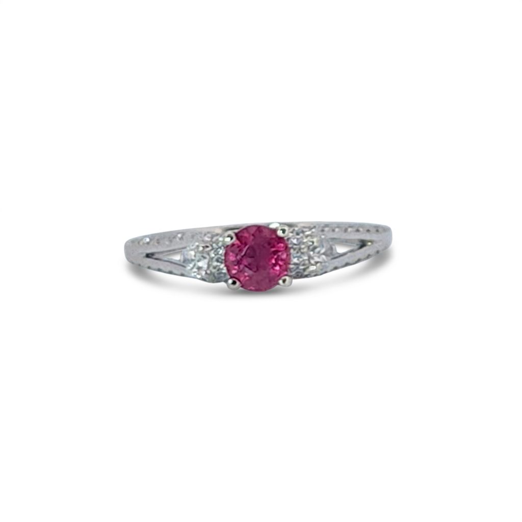 Brilliant Diamond Cut, Round Shape, Madagascar Ruby(0.35CT, 5mm), Mounted at 14K White Gold Ring with Natural Diamonds (0.50 CTW). Size 7.25