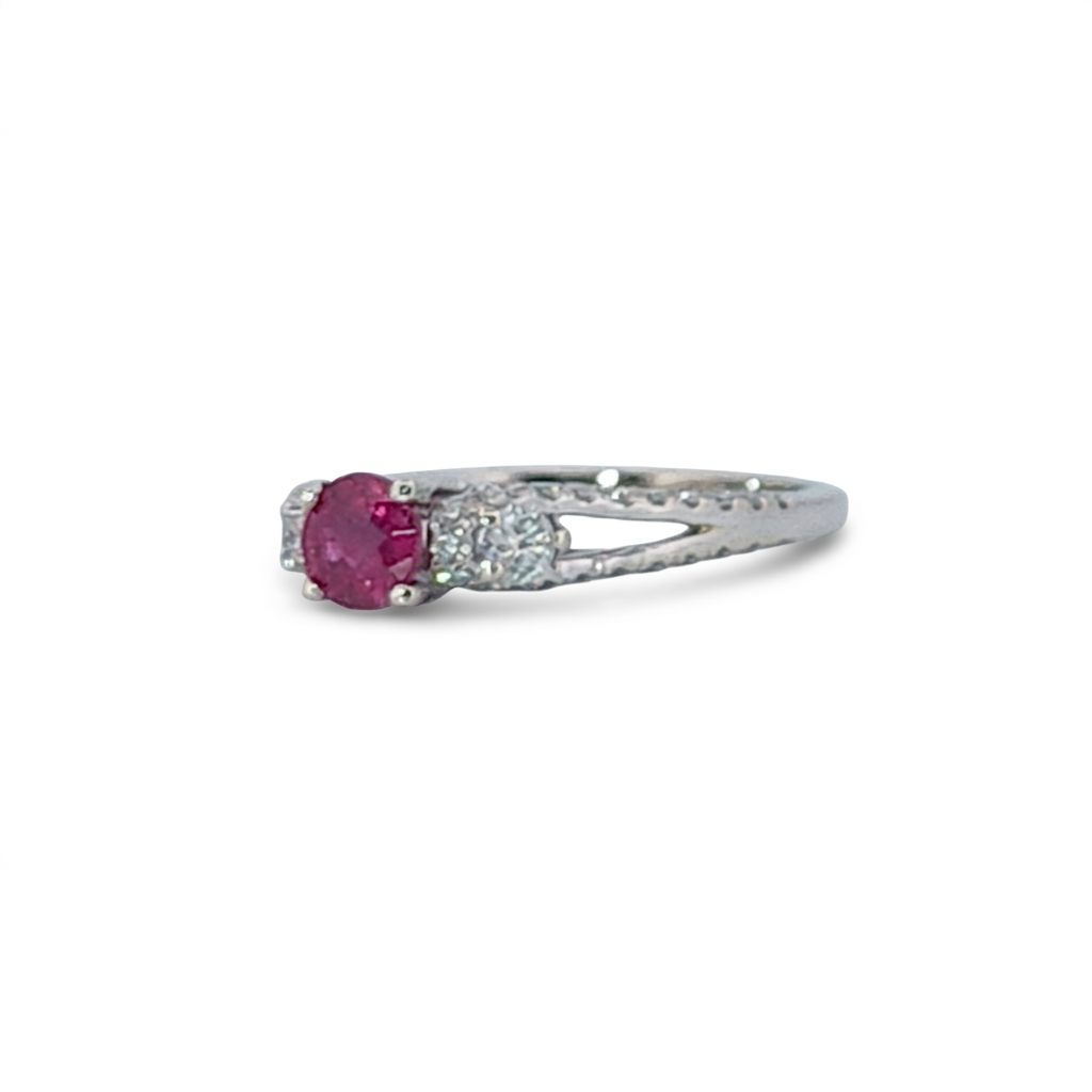 Brilliant Diamond Cut, Round Shape, Madagascar Ruby(0.35CT, 5mm), Mounted at 14K White Gold Ring with Natural Diamonds (0.50 CTW). Size 7.25