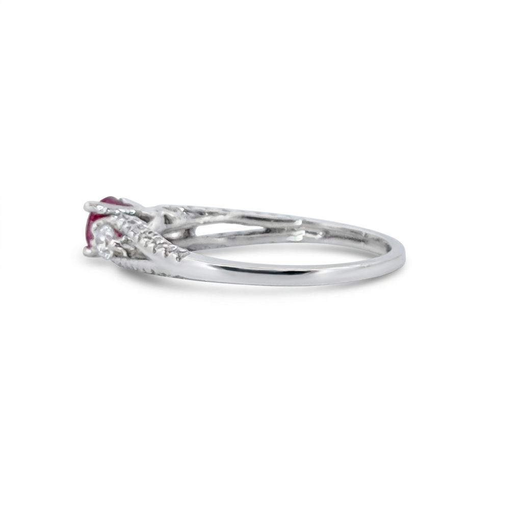 Brilliant Diamond Cut, Round Shape, Madagascar Ruby(0.35CT, 5mm), Mounted at 14K White Gold Ring with Natural Diamonds (0.50 CTW). Size 7.25