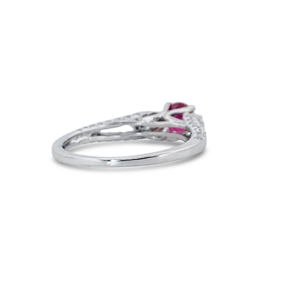 Brilliant Diamond Cut, Round Shape, Madagascar Ruby(0.35CT, 5mm), Mounted at 14K White Gold Ring with Natural Diamonds (0.50 CTW). Size 7.25