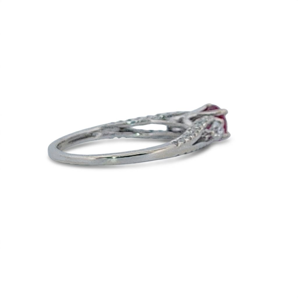 Brilliant Diamond Cut, Round Shape, Madagascar Ruby(0.35CT, 5mm), Mounted at 14K White Gold Ring with Natural Diamonds (0.50 CTW). Size 7.25