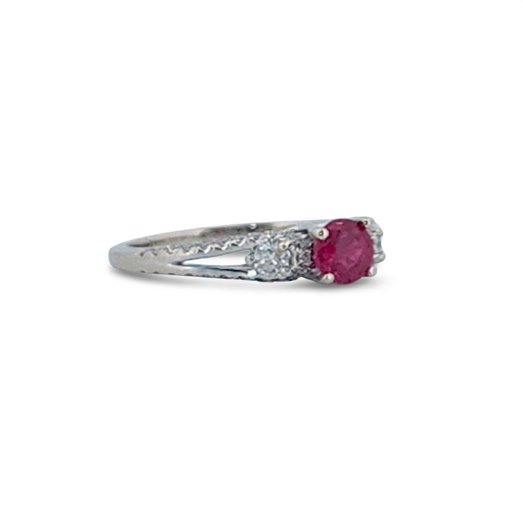 Brilliant Diamond Cut, Round Shape, Madagascar Ruby(0.35CT, 5mm), Mounted at 14K White Gold Ring with Natural Diamonds (0.50 CTW). Size 7.25