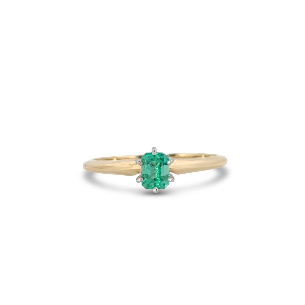 Step Emerald Cut,  Natural Columbian Emerald(0.30CT, 4.65x3.55mm), Mounted on 14K White Gold Prongs and 14K Yellow Gold Shank. Size 6
