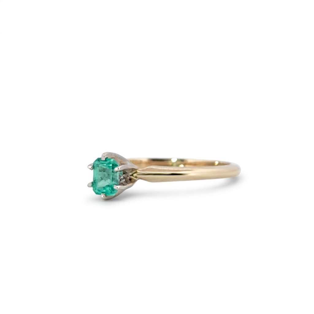 Step Emerald Cut,  Natural Columbian Emerald(0.30CT, 4.65x3.55mm), Mounted on 14K White Gold Prongs and 14K Yellow Gold Shank. Size 6