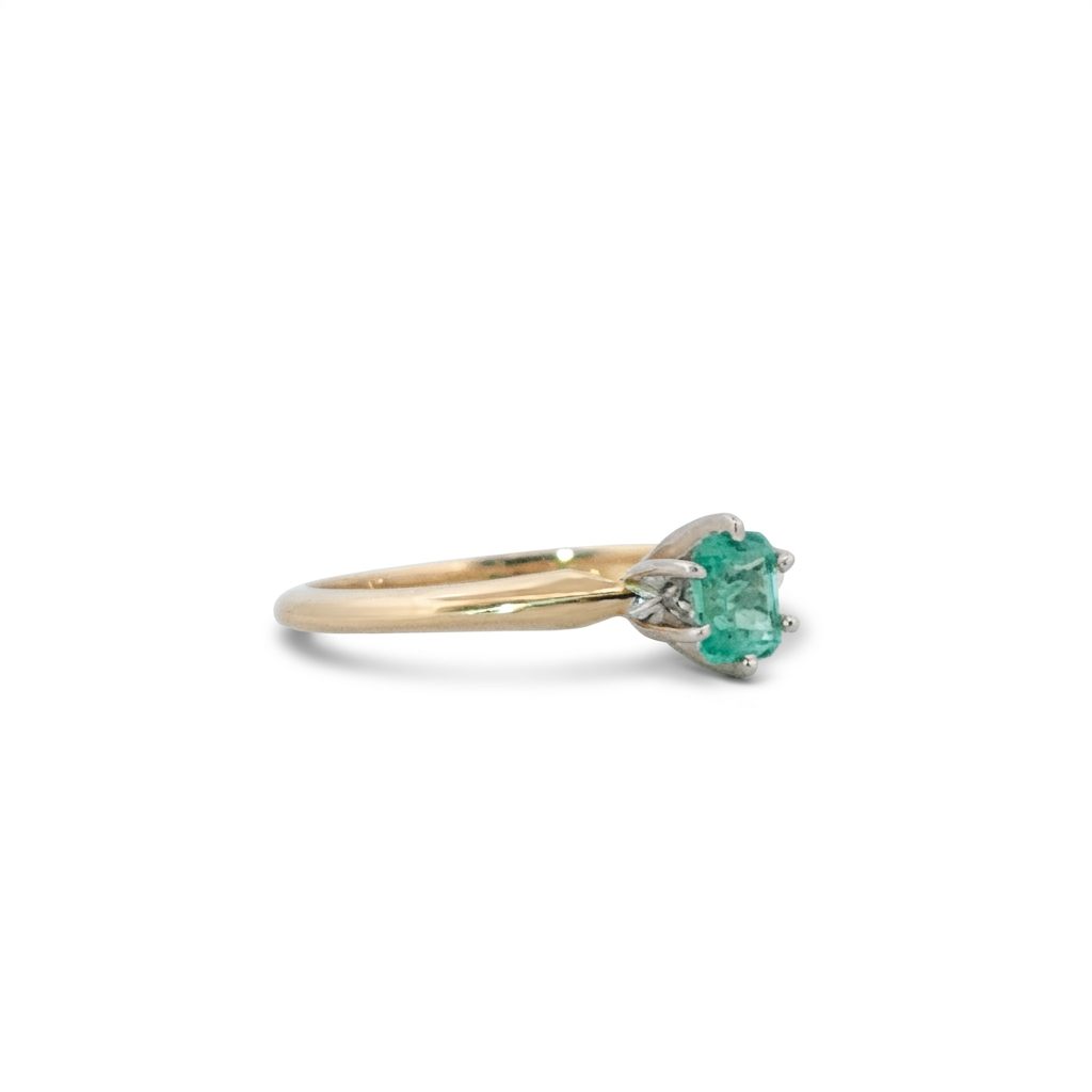 Step Emerald Cut,  Natural Columbian Emerald(0.30CT, 4.65x3.55mm), Mounted on 14K White Gold Prongs and 14K Yellow Gold Shank. Size 6