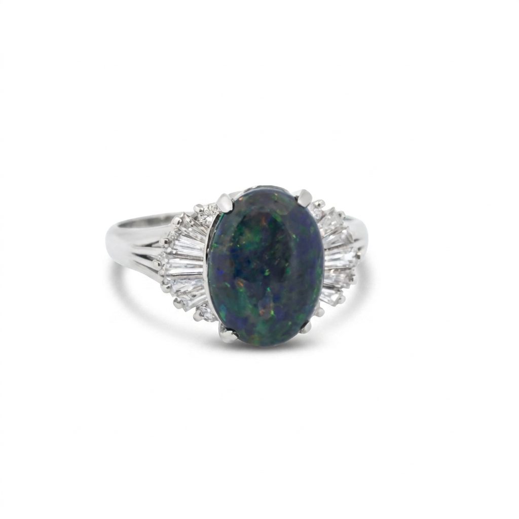Platinum 900 Ring, set with 1 Black Opal (2.6ct) and Diamonds (0.485ct) on sides, Women Rings style.