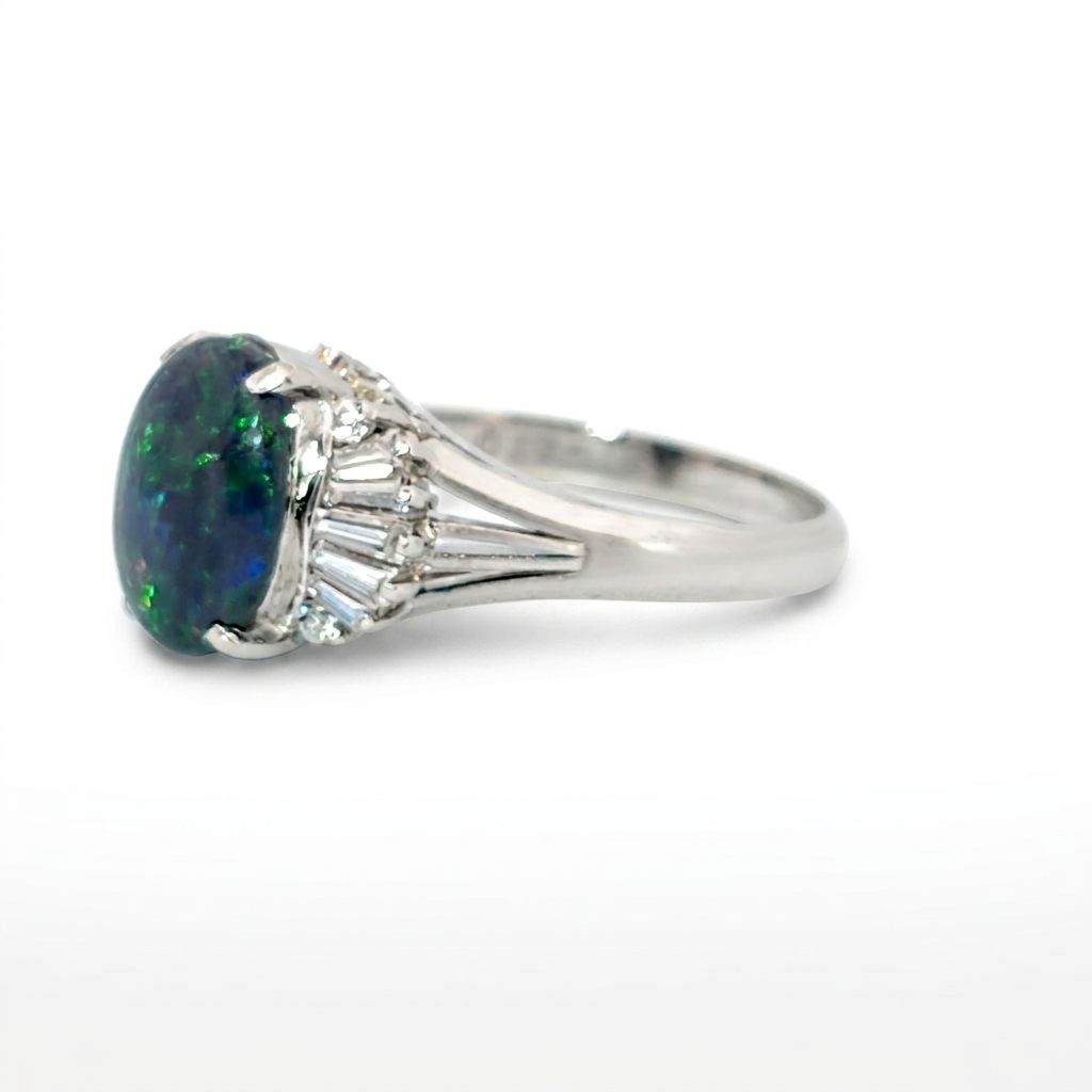 Platinum 900 Ring, set with 1 Black Opal (2.6ct) and Diamonds (0.485ct) on sides, Women Rings style.
