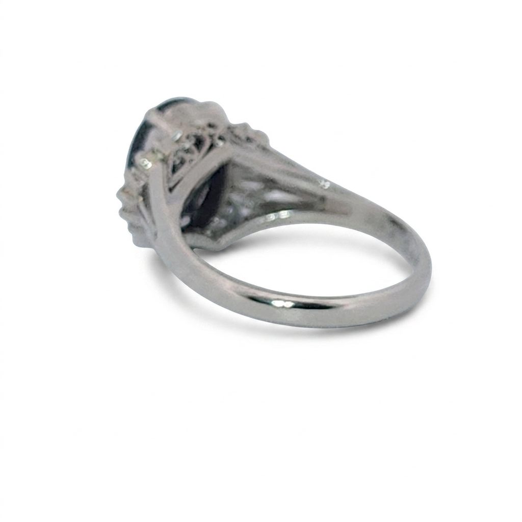 Platinum 900 Ring, set with 1 Black Opal (2.6ct) and Diamonds (0.485ct) on sides, Women Rings style.
