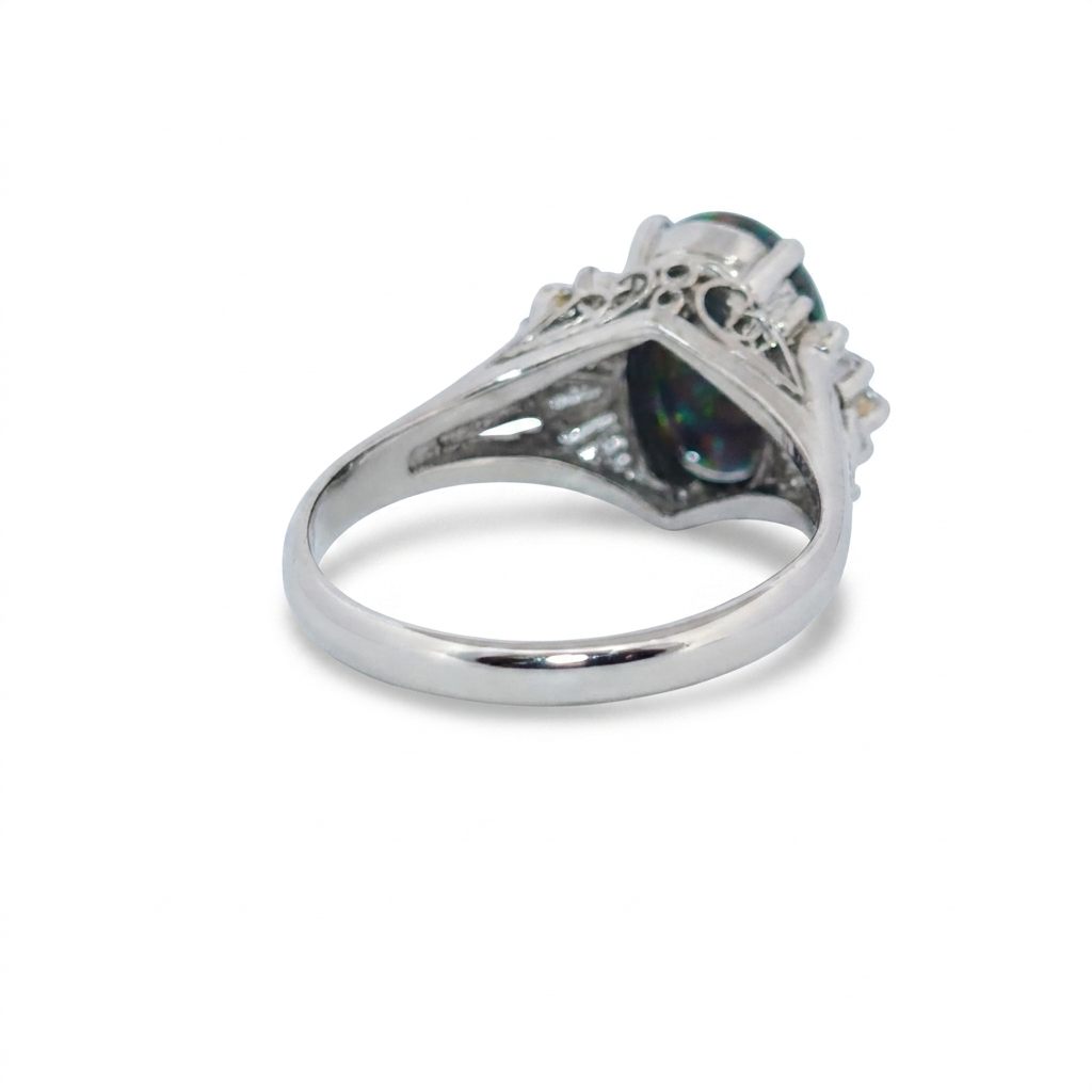 Platinum 900 Ring, set with 1 Black Opal (2.6ct) and Diamonds (0.485ct) on sides, Women Rings style.