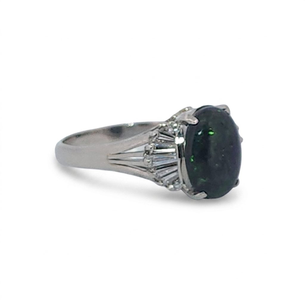 Platinum 900 Ring, set with 1 Black Opal (2.6ct) and Diamonds (0.485ct) on sides, Women Rings style.