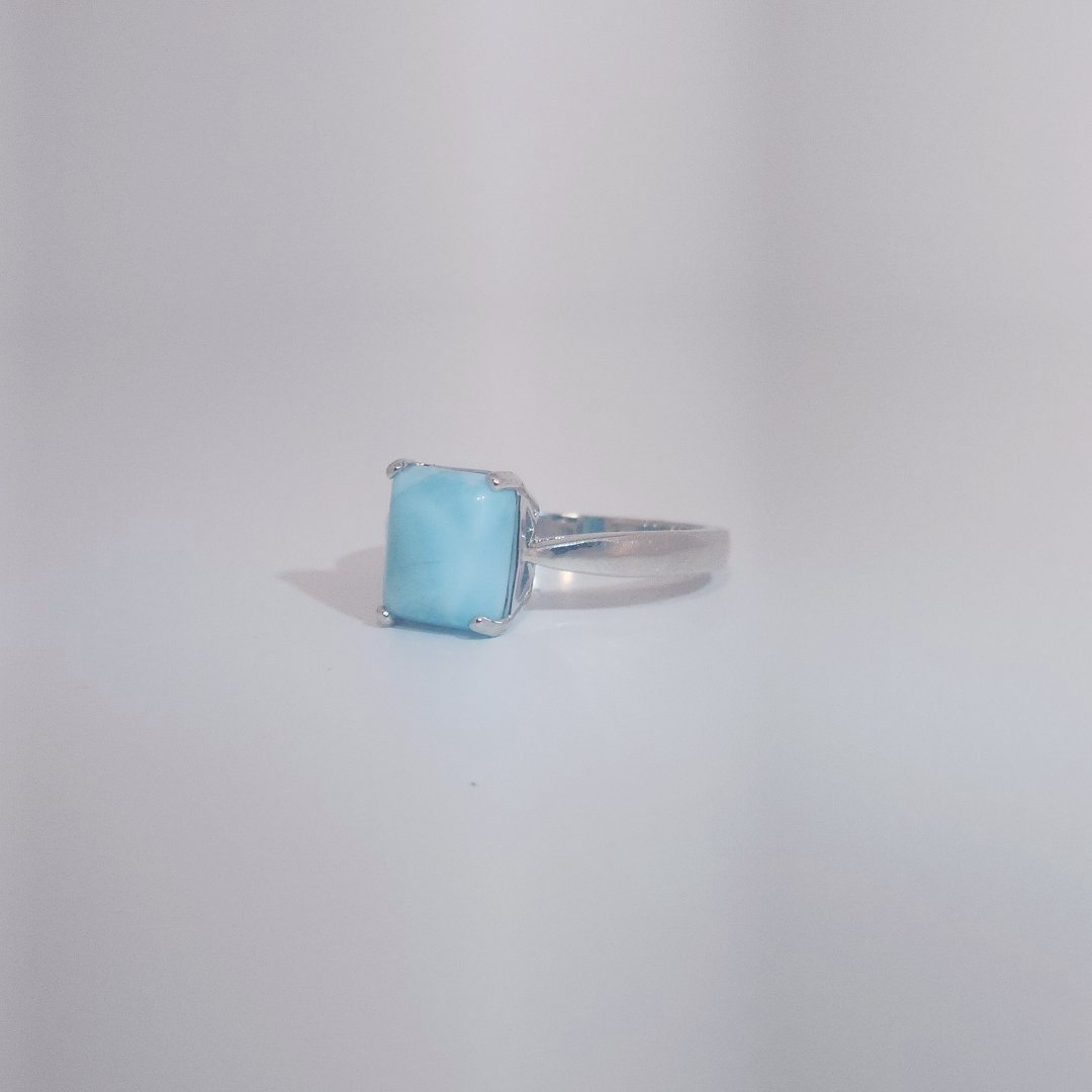 Women's Ring with rectangular Larimar cabochon, 9 Sterling Silver, bezel-set.