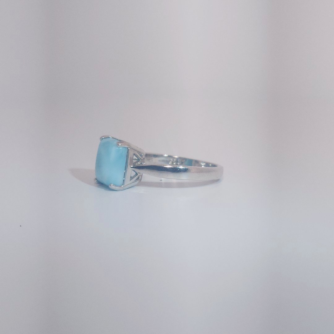 Women's Ring with rectangular Larimar cabochon, 9 Sterling Silver, bezel-set.