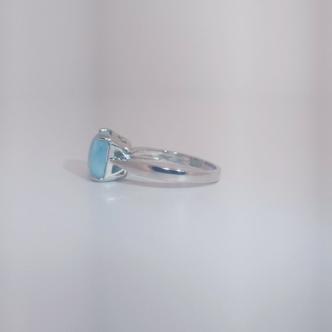 Women's Ring with rectangular Larimar cabochon, 9 Sterling Silver, bezel-set.