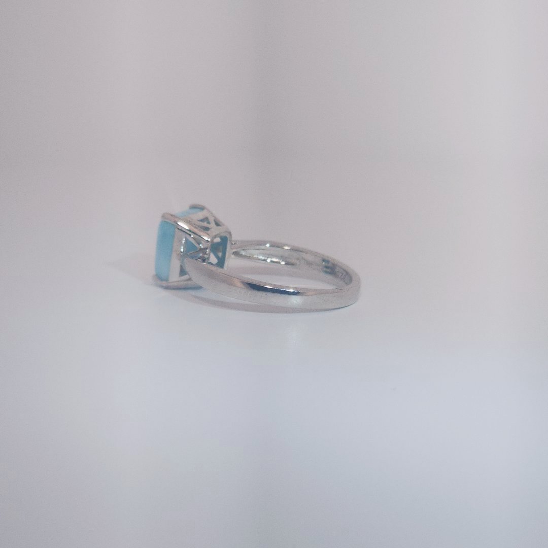 Women's Ring with rectangular Larimar cabochon, 9 Sterling Silver, bezel-set.